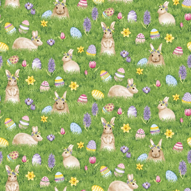 Hoppy Hunting Bunnies and Easter Eggs In The Grass Fabric